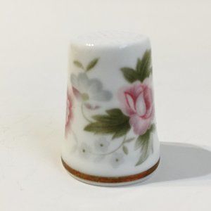 Minton Thimble Pink Floral Green Leaves White Gold Trim Fine Bone China England